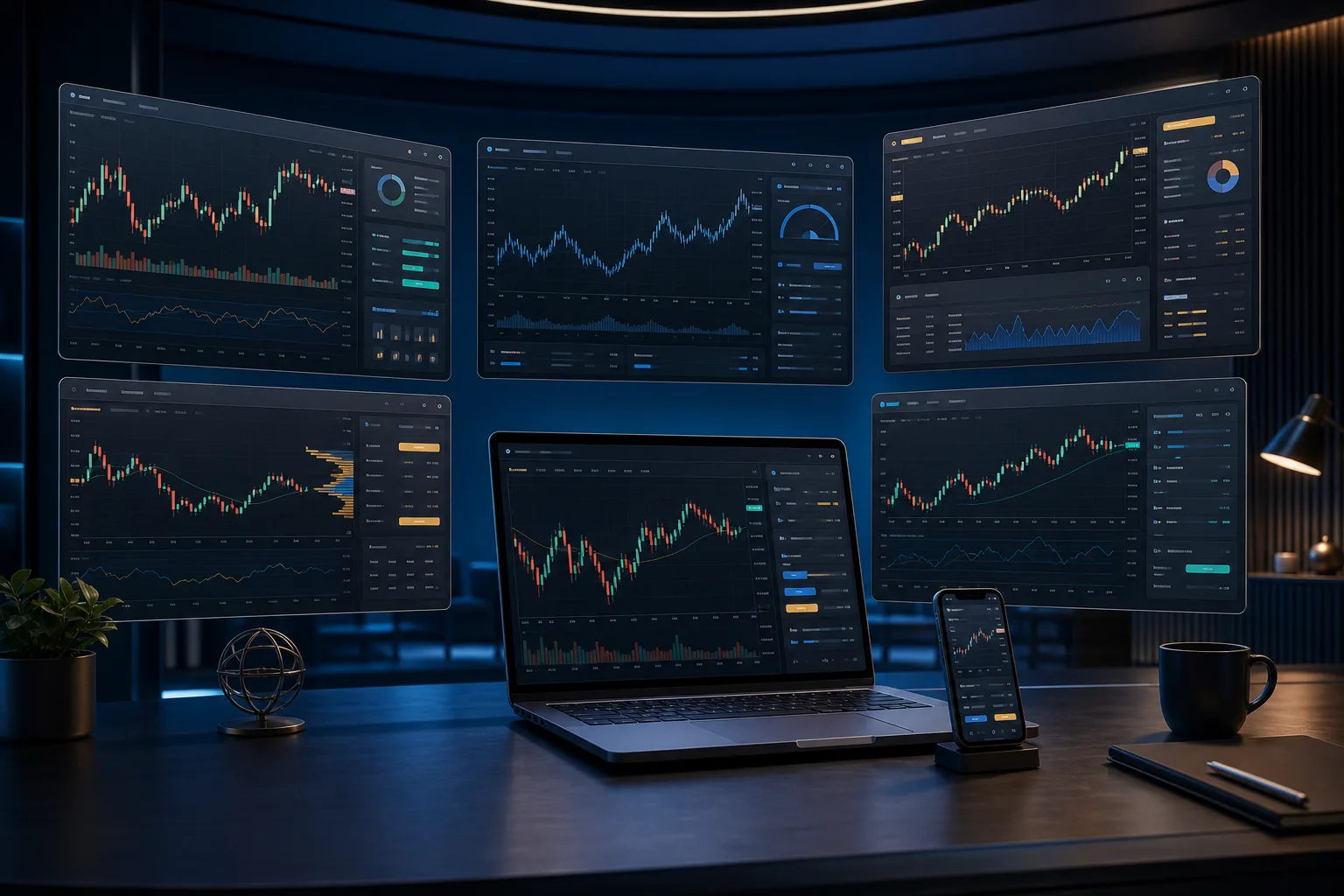 Five trading platform interfaces arranged across desktop and mobile screens
